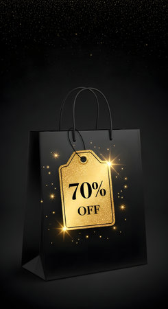 Black Friday sale shopping bag with golden label on black background. Vector illustration.の素材