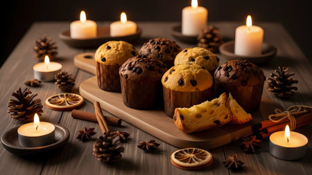 Chocolate muffins on a wooden board with burning candles and conesの素材