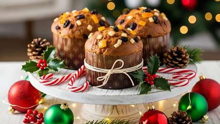 Christmas panettone, traditional Italian christmas cake with raisins and candiesの素材