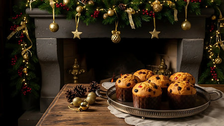 Muffins with raisins on the background of the Christmas treeの素材