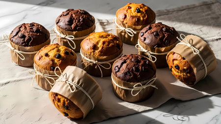 Chocolate chip muffins on a white marble table with copy spaceの素材