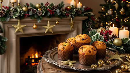 Muffins with raisins on a wooden table in front of a fireplace.の素材