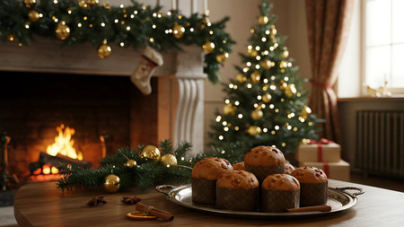 Muffins with cinnamon and star anise on wooden table in room decorated for Christmasの素材