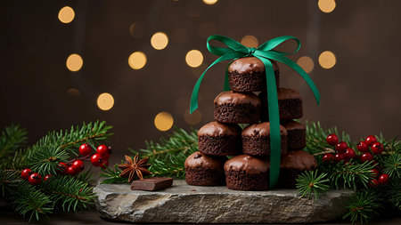 Chocolate cookies with green ribbon and christmas decoration on dark backgroundの素材