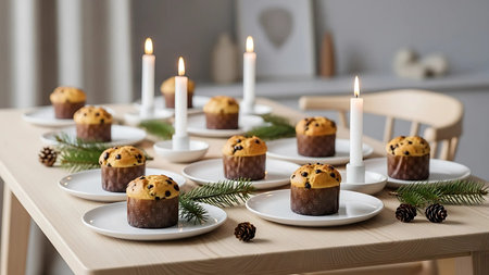 Muffins with raisins and chocolate chips on a wooden tableの素材