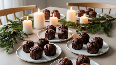 Chocolate muffins and candles on a wooden table with fir branchesの素材