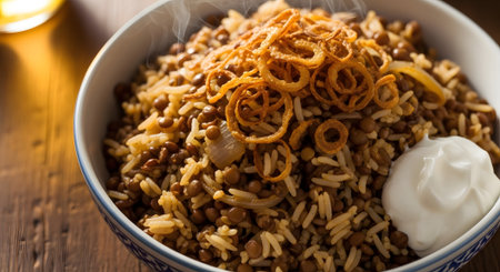Bowl of lentil pilaf with sour cream on wooden tableの素材