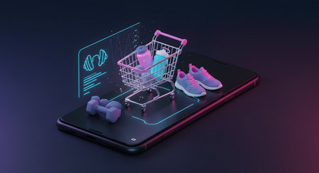 Shopping cart with sneakers and dumbbells on smartphone screen. 3D renderingの素材
