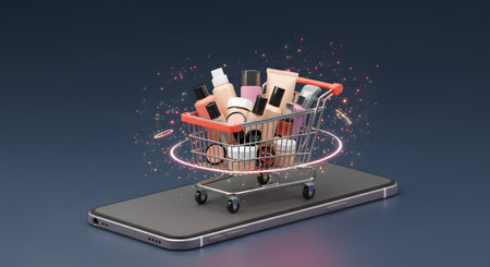 Shopping cart with cosmetics in front of smartphone. 3D renderingの素材