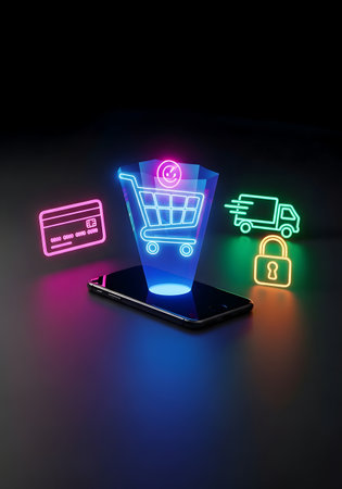 Shopping cart, credit card and smartphone on dark background. 3d renderingの素材