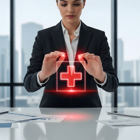 businesswoman with red cross on virtual screen in office. medical conceptの素材