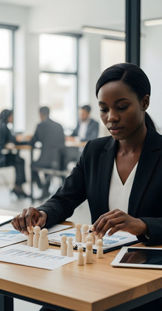 selective focus of african american businesswoman playing chess in officeの素材