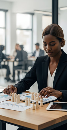 selective focus of african american businesswoman playing chess at workplace in officeの素材