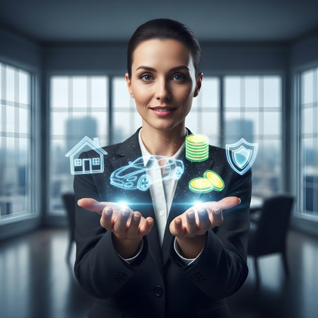 Attractive businesswoman holding hologram of house, car, car and coins in hands. Insurance conceptの素材