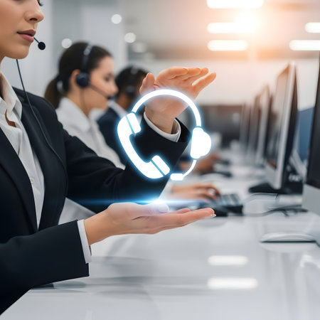 cropped view of call center operator in headset working with computer in officeの素材