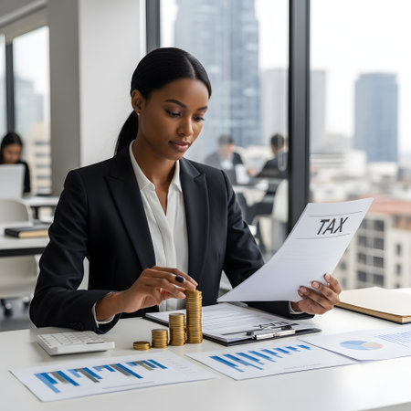 African american businesswoman counting coins and using calculator in modern officeの素材