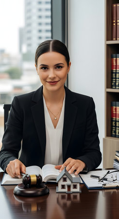 selective focus of smiling lawyer sitting at table with gavel and house modelの素材