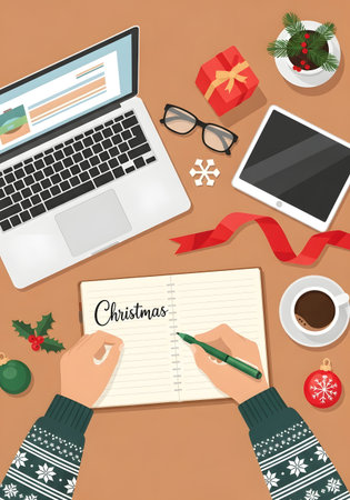 Christmas and New Year concept. Flat design. Top view of a working table with a laptop, a notebook, a cup of coffee, a Christmas tree and a gift.の素材