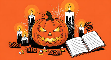Halloween pumpkins, candies, candles and book. Vector illustration.の素材
