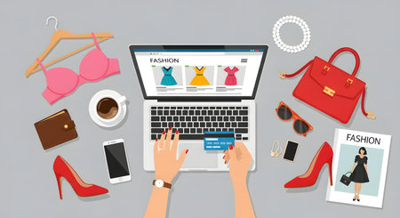 Flat design vector illustration concept of online shopping. Laptop with female clothes and accessories.の素材