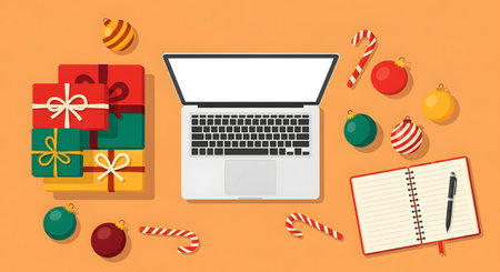 Christmas and New Year flat design concept. Laptop, gift boxes, Christmas tree, candy canes, balls, notebook and pen on orange background. Vector illustration.の素材