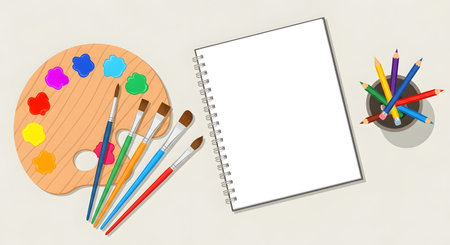 Flat lay, top view, copy space. School supplies on white background. Paint brushes, pencils and notebook.の素材