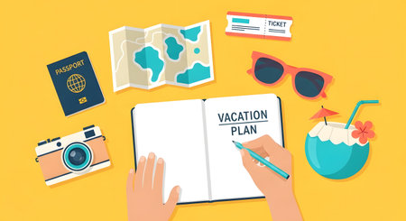 Flat design vector illustration concept of travel planning, planning vacation.の素材