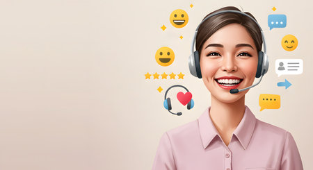 Smiling customer support operator with customer service icons. Call center and customer support concept.の素材