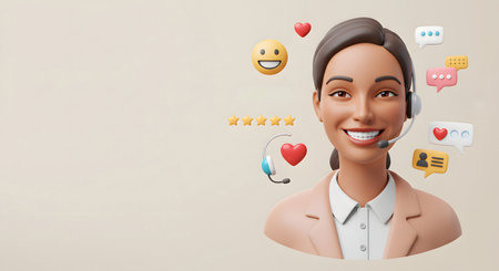 Customer service concept. Smiling customer support operator in headset with speech bubblesの素材