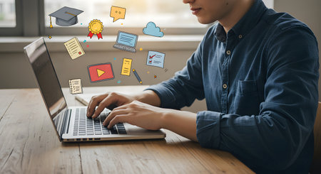 Online education concept. Young man using laptop computer with education icons.の素材