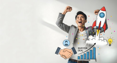 Successful asian businessman with hand up and drawing rocket on wallの素材