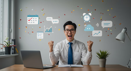 Successful asian business man celebrating success with laptop computer in officeの素材