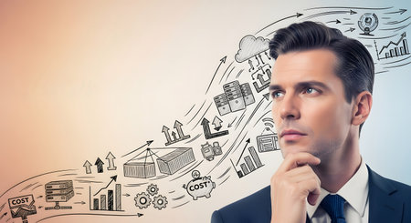 Thoughtful young businessman with hand on chin looking away. Hand drawn business sketch on background. Innovation conceptの素材