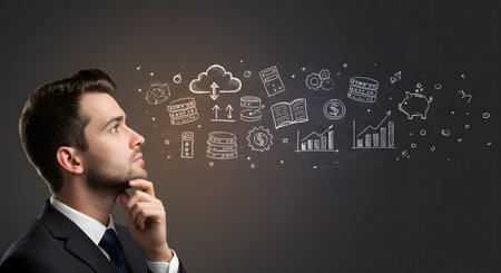 Businessman thinking with hand drawn business icons and symbols above his headの素材