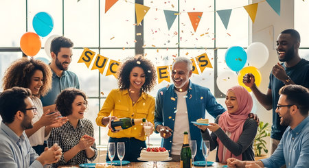 Group of multiethnic friends celebrating birthday party together at home.の素材