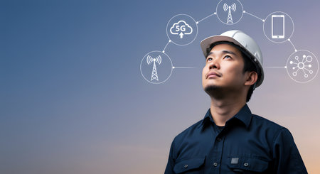 Engineer and artificial intelligence concept. Businessman wearing a hard hat and thinking idea.の素材