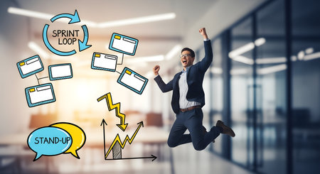 Businessman jumping in modern office with social media icons. Mixed mediaの素材