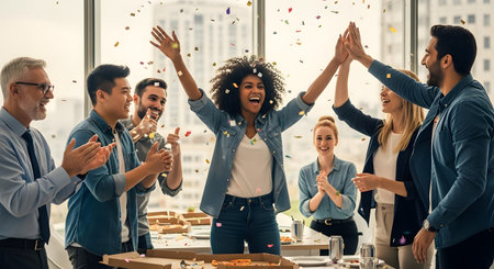 Group of multiethnic business people celebrating success at office party.の素材