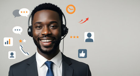 Portrait of smiling african american male customer support operator with headsetの素材