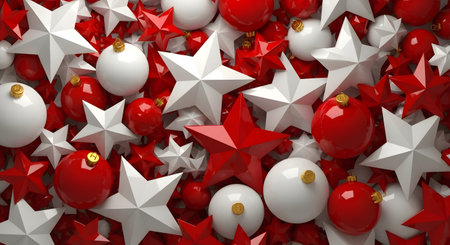 White and red christmas baubles with stars. 3D renderingの素材