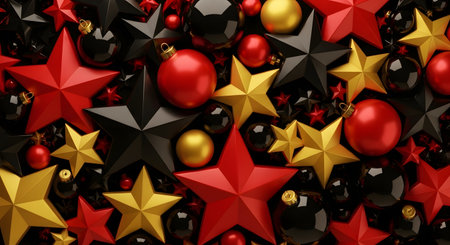 3d render of christmas background with red, gold and black baublesの素材