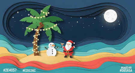 Santa Claus on the beach. Paper art style. Vector illustration.の素材