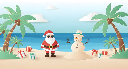 Santa Claus and snowman on the beach with palm trees. Merry Christmas and Happy New Year.の素材