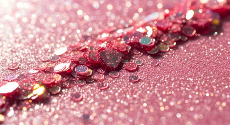 Shiny sequins in the form of hearts on a pink backgroundの素材