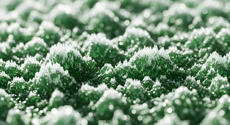 Abstract 3d rendering of water drops on green grass background. Beautiful bokeh.の素材