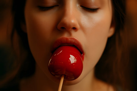 Beautiful young woman with lollipop on dark background, closeupの素材