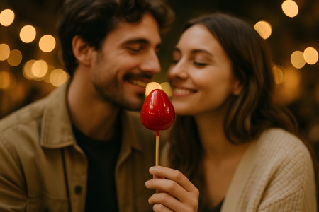 Beautiful young couple in love is having fun and eating lollipop.の素材