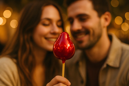 Couple with lollipops on the background of Christmas lightsの素材