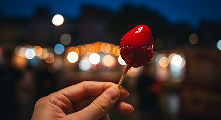 Heart-shaped lollipop in hand with bokeh backgroundの素材