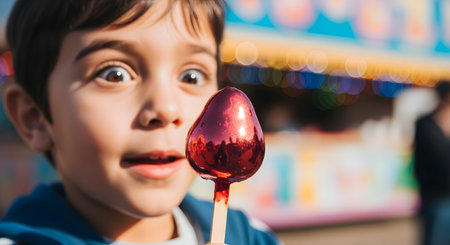 cute little boy holding chocolate egg on stick and looking at cameraの素材